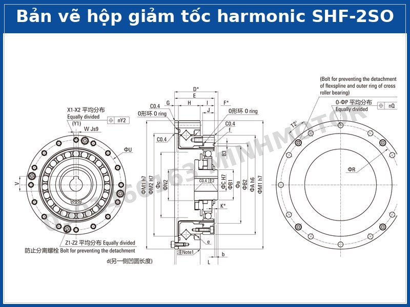 Bản vẽ kích thước hộp giảm tốc harmonic SHF-2SO dạng dẹt