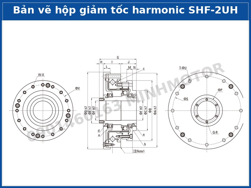 Bản vẽ kích thước hộp giảm tốc harmonic SHF-2UH trục rỗng