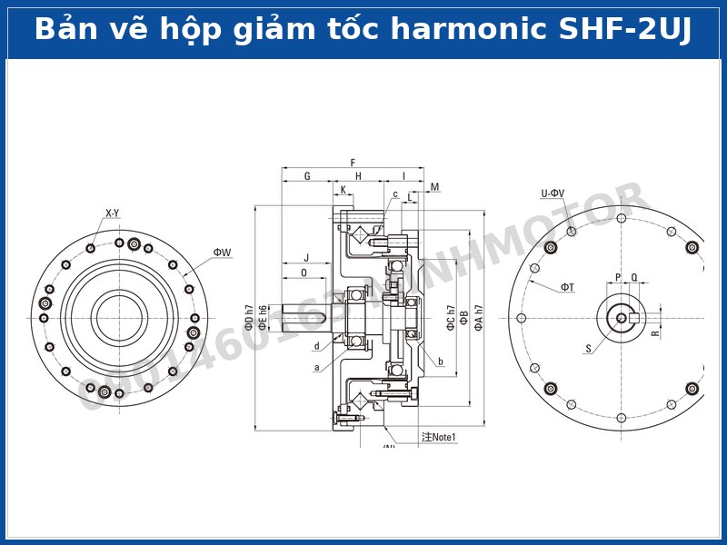 Bản vẽ kích thước hộp giảm tốc harmonic SHF-2UJ trục vào đặc