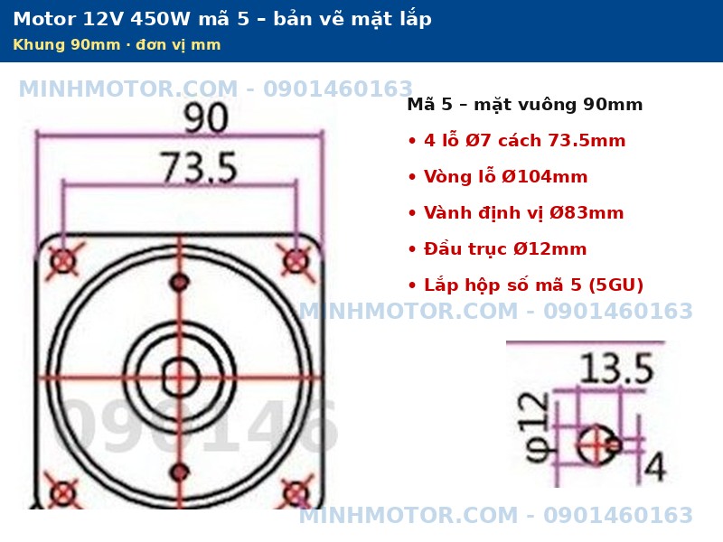 Bản vẽ mặt lắp motor 12V 450W m&atilde; 5 khung 90mm