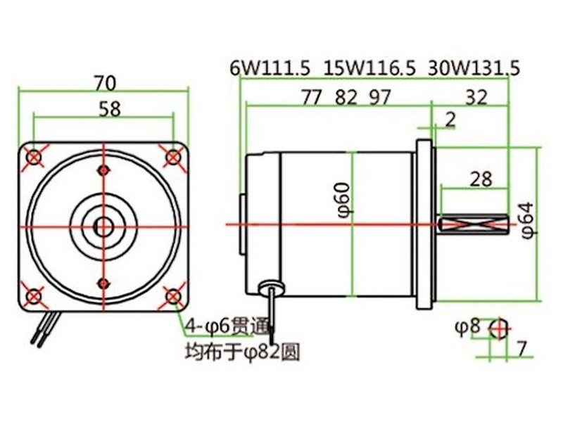 Bản vẽ kích thước motor 24V 25W trơn khung 70, mặt bích vuông 70 mm