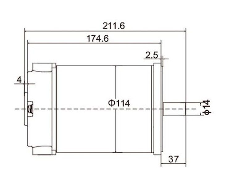 Bản vẽ kích thước motor 24V 750W thân Ø114 mm dài 211,6 mm trục Ø14 mm