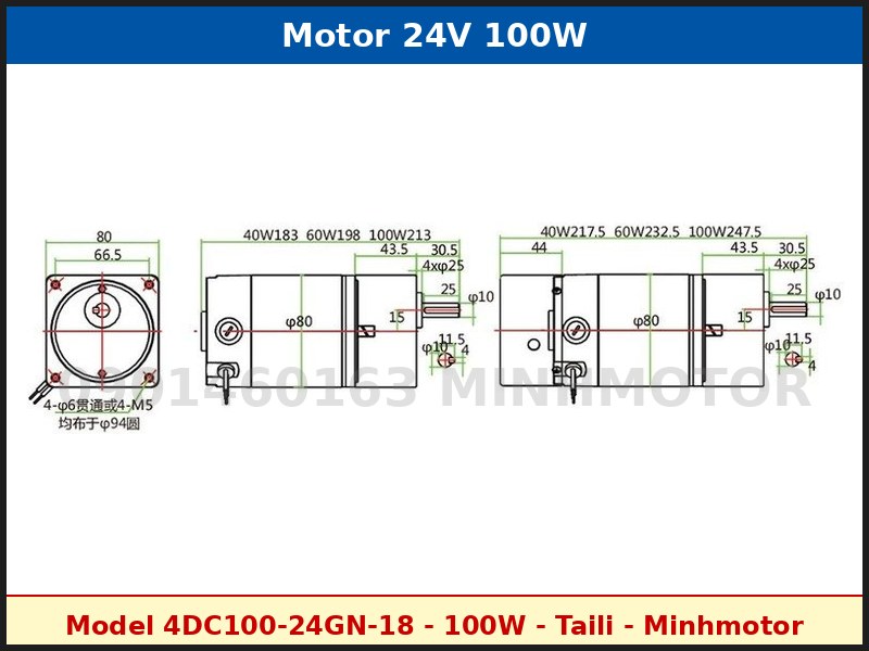 Bản vẽ motor giảm tốc 24V 100W gắn hộp số 4GN và hộp trung gian