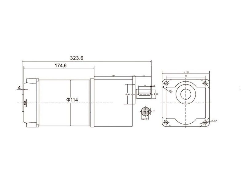 Bản vẽ motor giảm tốc 24V 750W hộp số 7GN mặt bích 120 mm lỗ cách 99 mm trục ra Ø22 mm
