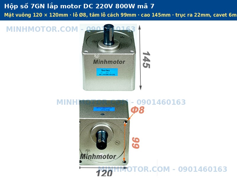 Hộp số 7GN lắp motor DC 220V 800W mặt vu&ocirc;ng 120mm lỗ &Oslash;8