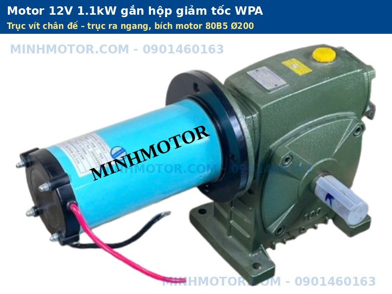 Motor 12V 1.1kW gắn hộp giảm tốc trục v&iacute;t WPA ch&acirc;n đế