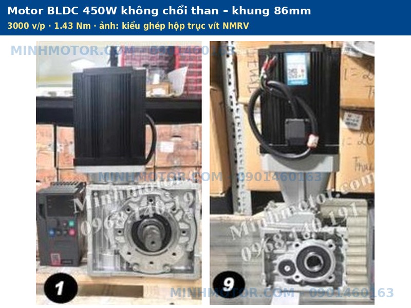 Motor BLDC 450W kh&ocirc;ng chổi than khung 86mm gh&eacute;p hộp trục v&iacute;t NMRV
