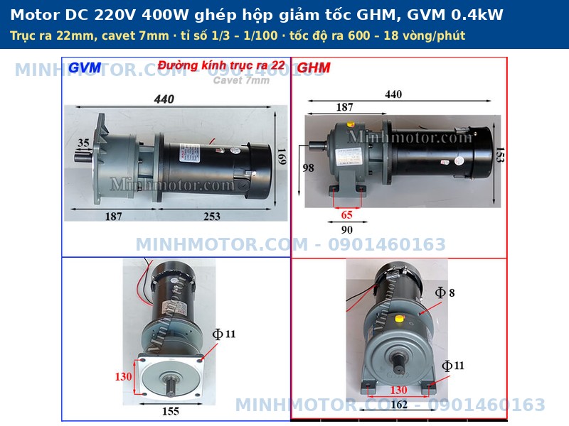 Motor DC 220V gh&eacute;p hộp giảm tốc GHM GVM