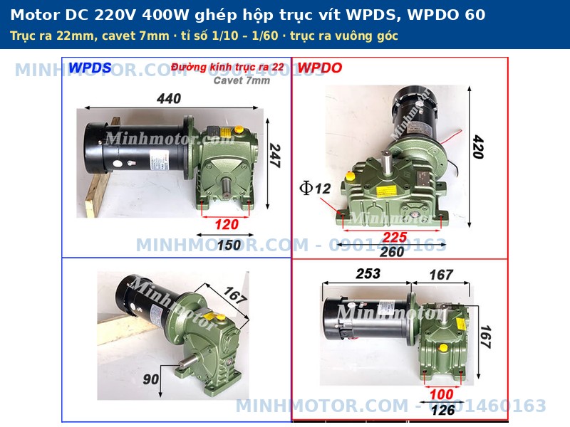Motor DC 220V 400W gh&eacute;p hộp giảm tốc trục v&iacute;t WPDS WPDO 60