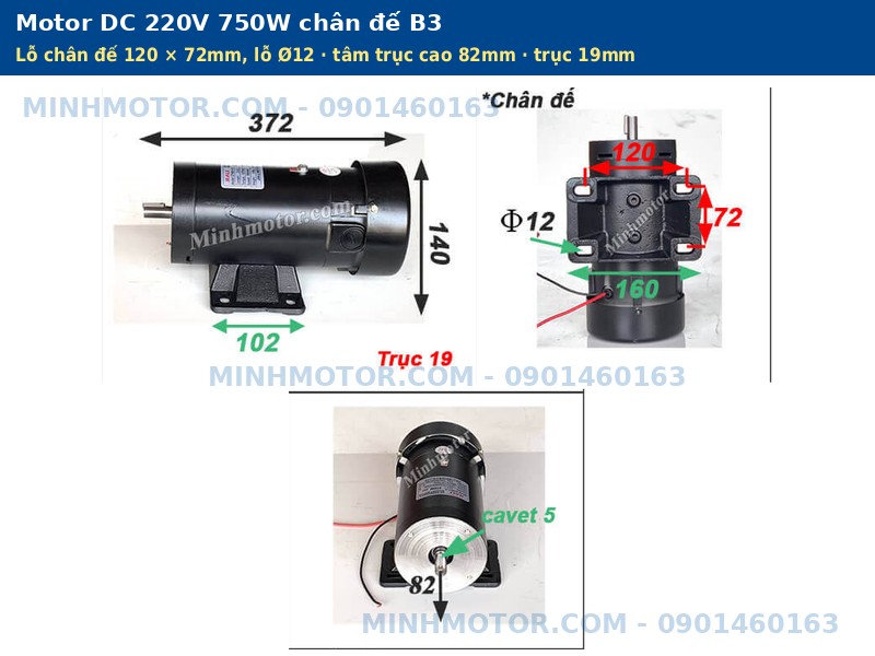 Motor DC 220V 750W ch&acirc;n đế B3 trục 19mm