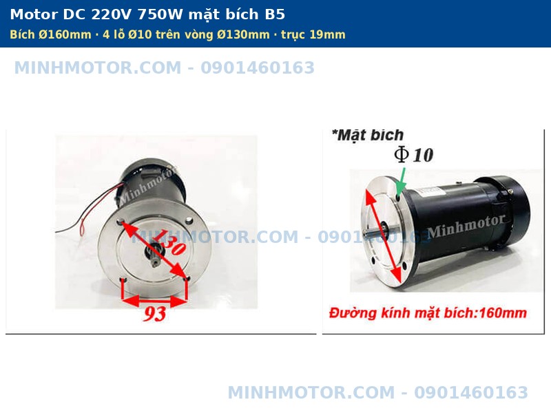 Motor DC 220V 750W mặt bích B5 đường kính 160mm