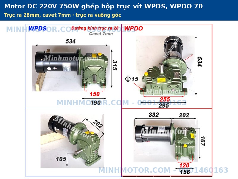Motor DC 220V gh&eacute;p hộp giảm tốc trục v&iacute;t WPDS WPDO 70