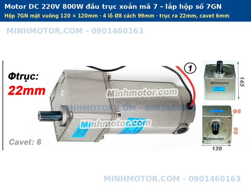 Motor DC 220V 800W đầu trục xoắn m&atilde; 7 hộp số 7GN
