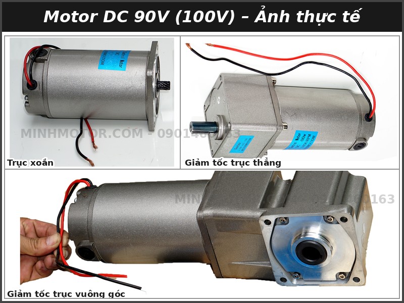 Motor DC 90V ảnh thực tế: đầu trục xoắn, lắp giảm tốc trục thẳng v&agrave; trục vu&ocirc;ng g&oacute;c
