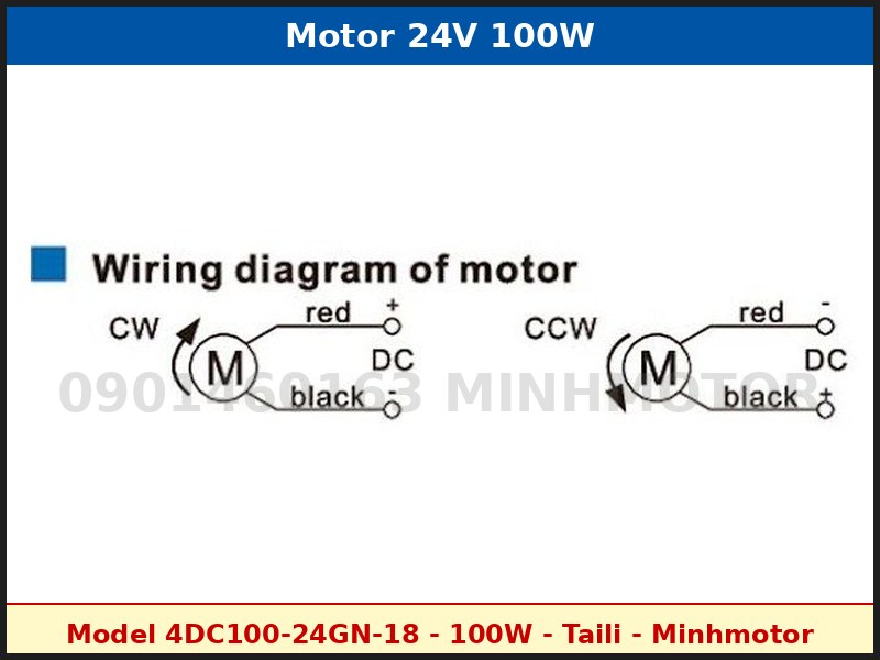 Sơ đồ đấu dây đảo chiều motor 24V 100W dây đỏ dây đen CW CCW