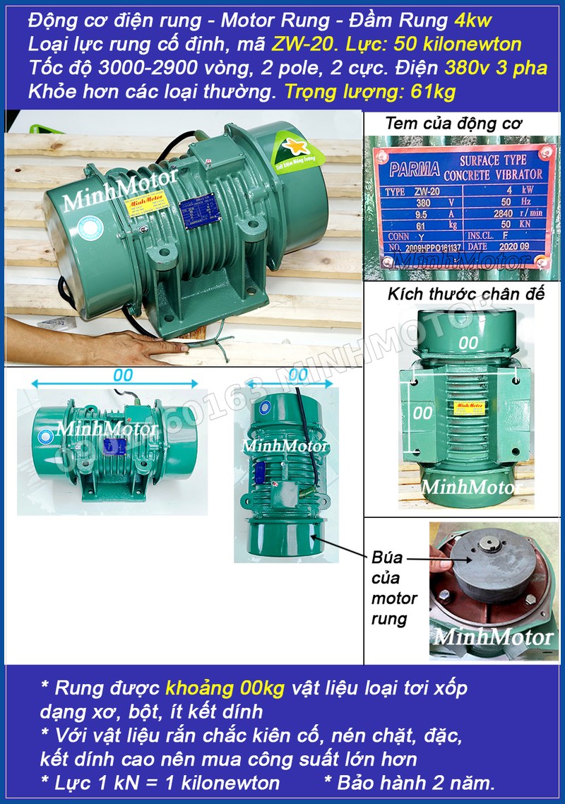 Th&ocirc;ng số motor rung 4kW ZW-20 lực rung 50kN 380V 61kg