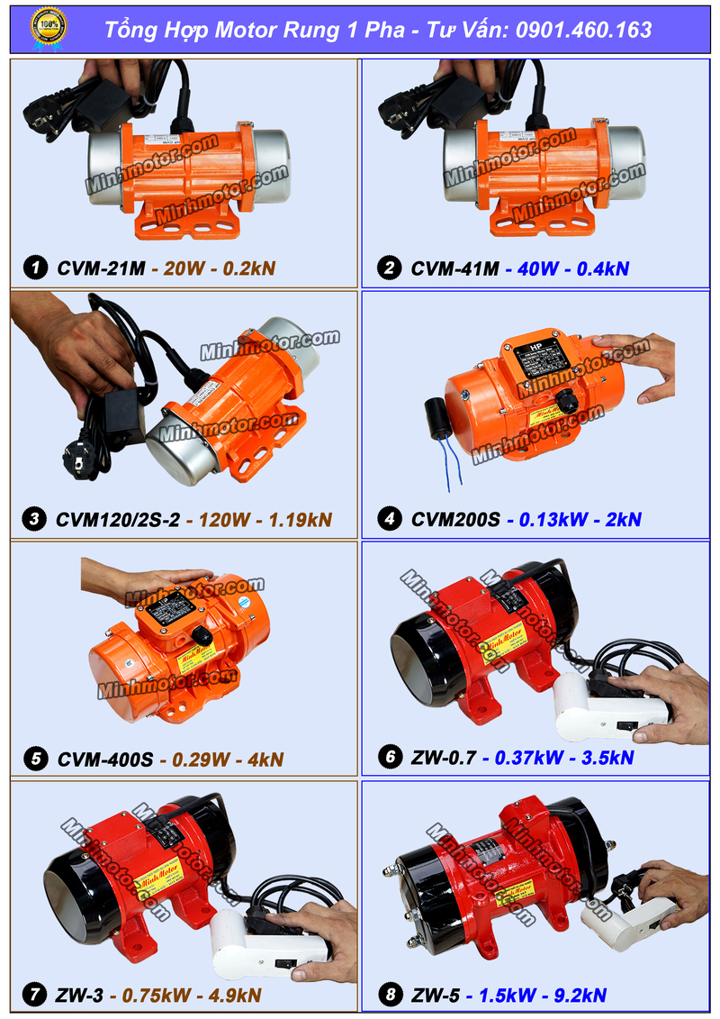 Tổng hợp các kích thước thông dụng của motor rung 1 pha