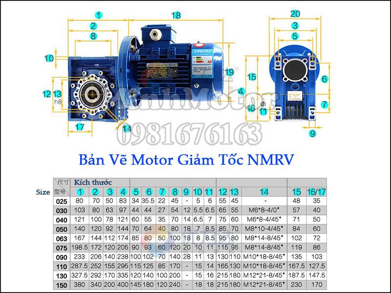 Bản vẽ kỹ thuật motor giảm tốc NMRV
