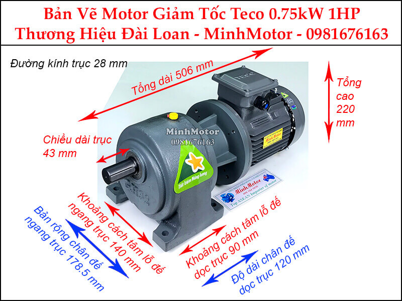 Bản vẽ Motor giảm tốc Teco 0.75Kw 1Hp Đài Loan