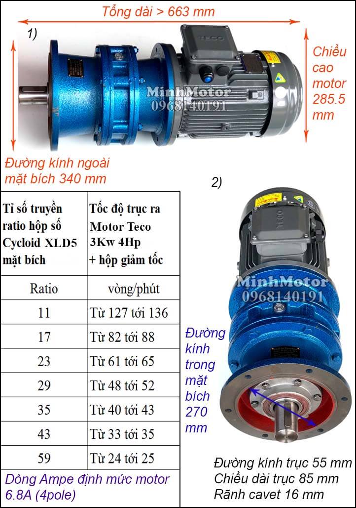 Bản vẽ thông số motor Teco 3Kw 4Hp hộp số cyclo trục ngang XLD 5 mặt bích