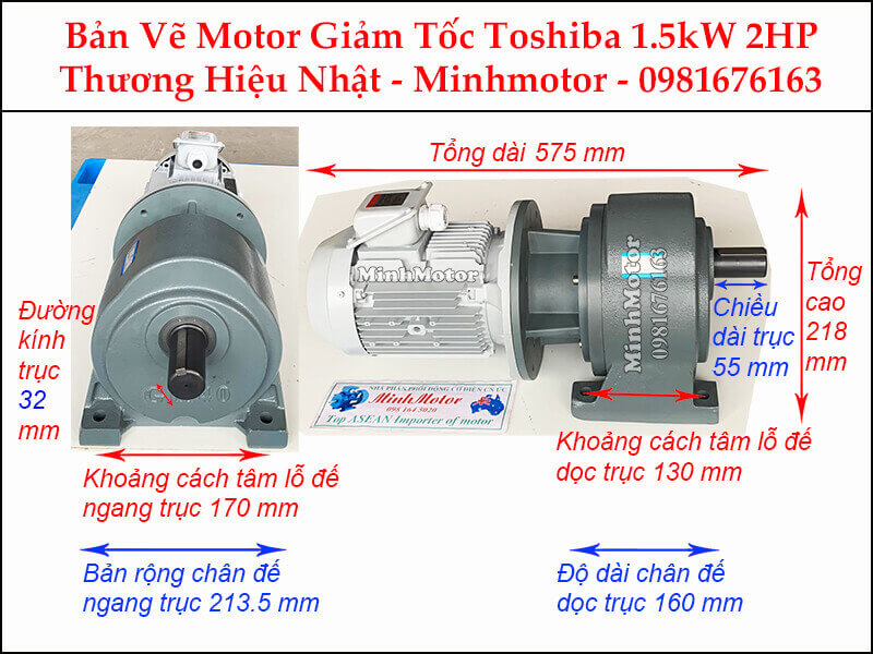 Thông số kỹ thuật motor giảm tốc Toshiba 1.5Kw 2Hp chân đế