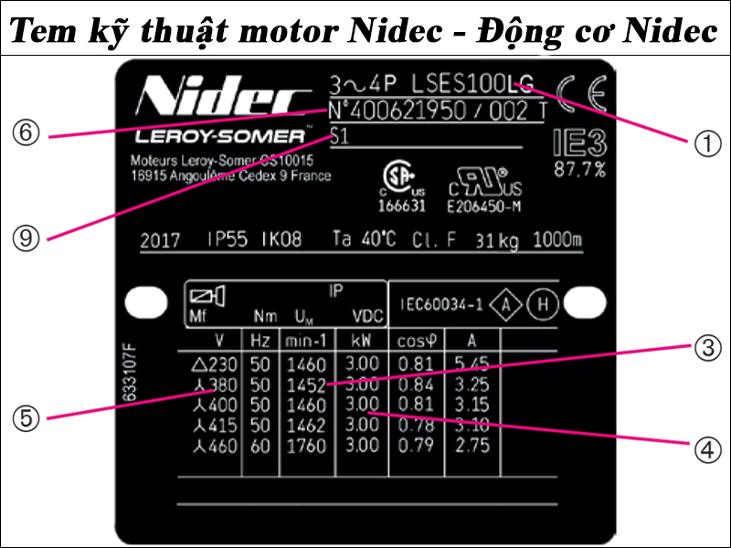 Thông số kỹ thuật motor Nidec