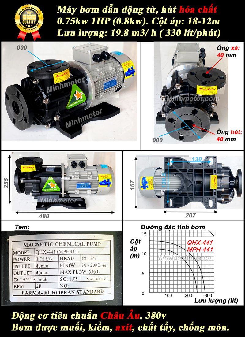 máy bơm axit 0.75kw 1HP 19.8m3