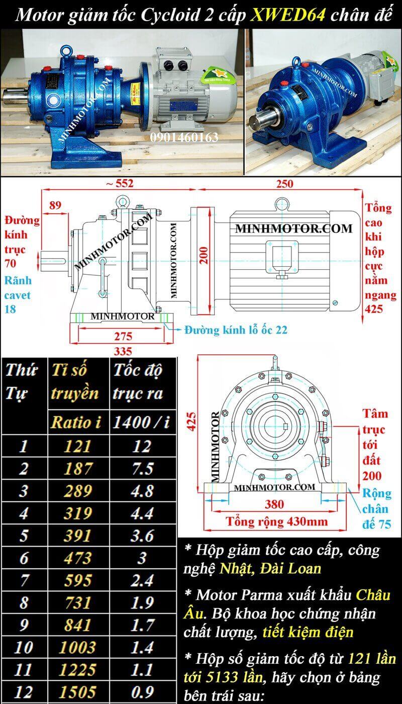 Motor Cyclo 0.75kw 1HP XWED64 trục 70mm