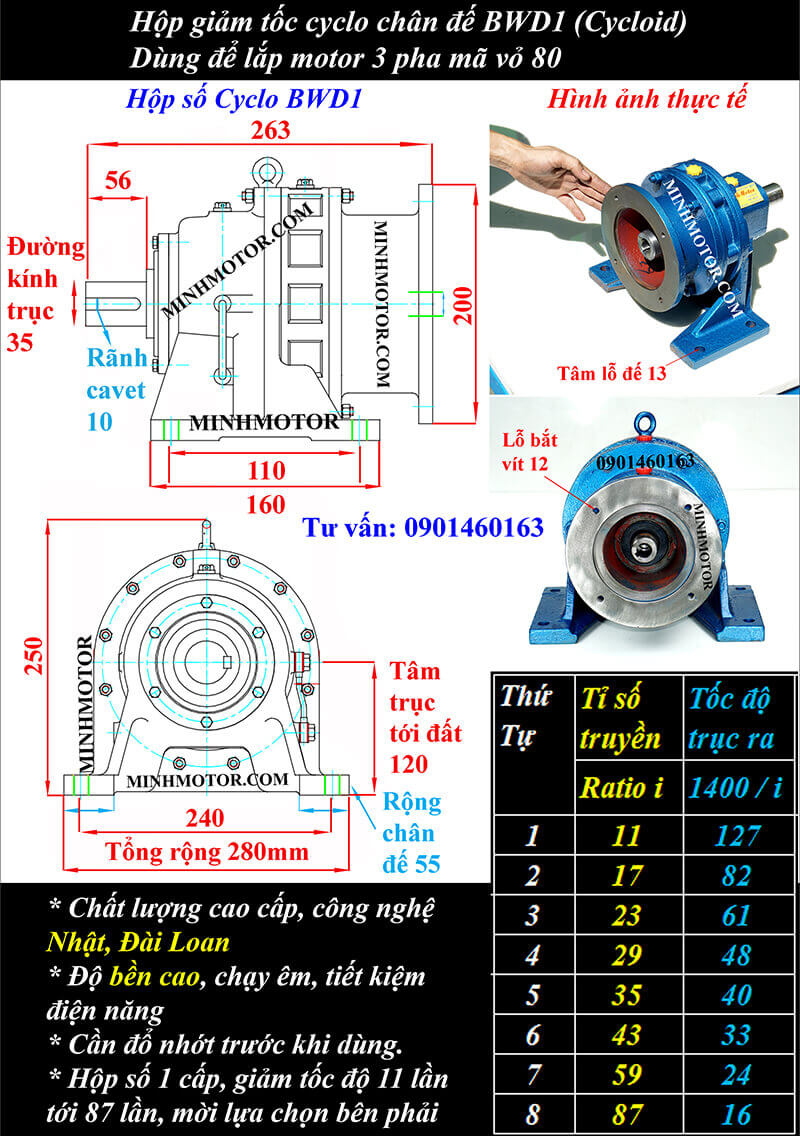 Hộp số BWD1 trục 35mm chân đế