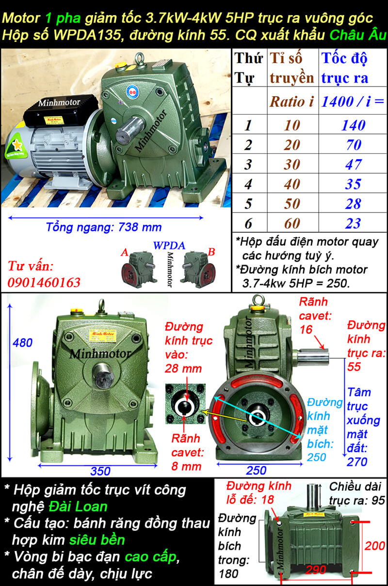 hộp giảm tốc wpda 135 lắp motor 3.7kw 4kw 1 pha