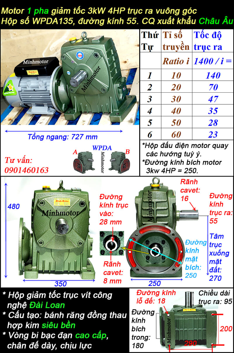 hộp giảm tốc wpda 135 lắp motor 3kw 1 pha