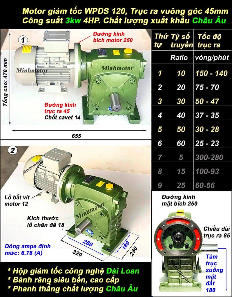 Hộp giảm tốc WPDS120 gắn motor 3kw 4hp