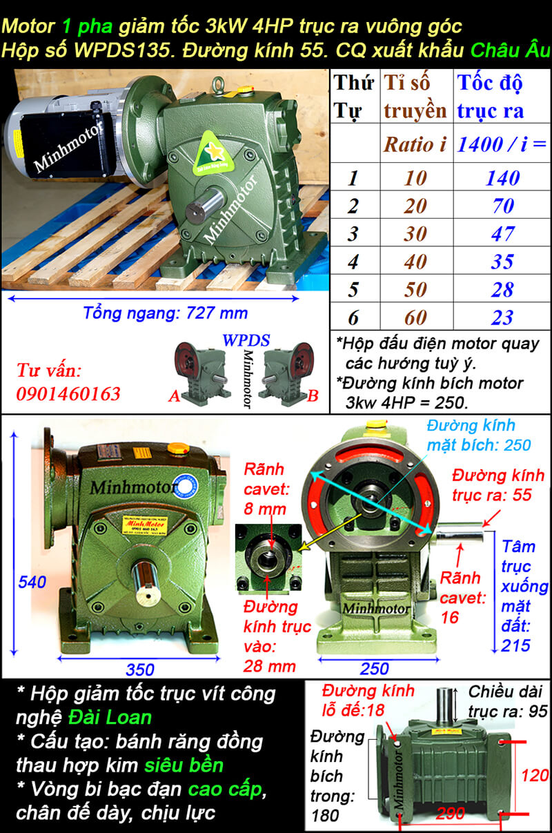 Hộp giảm tốc WPDS size 135 gắn động cơ 3kw 1 pha