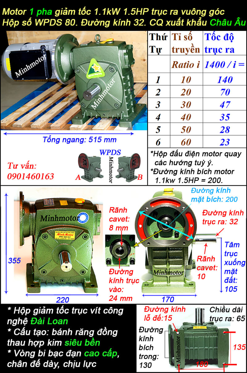 Hộp số WPDS size 80 lắp mô tơ 1.1kw 1 pha