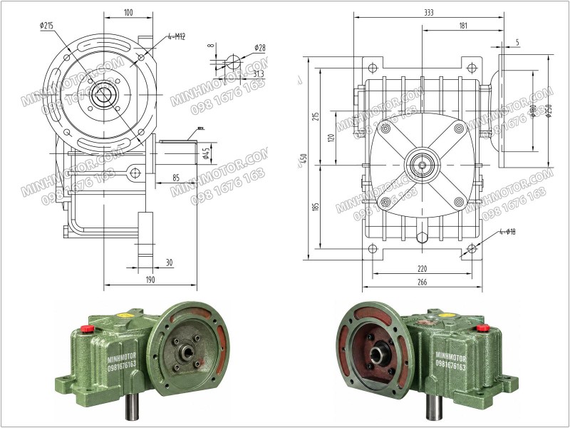 Bản vẽ k&iacute;ch thước hộp giảm tốc WPDX size 120
