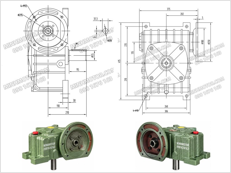 Bản vẽ k&iacute;ch thước hộp giảm tốc WPDX size 135