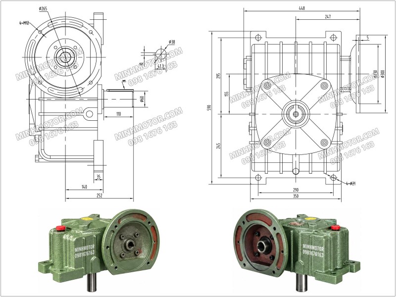 Bản vẽ k&iacute;ch thước hộp giảm tốc WPDX size 155