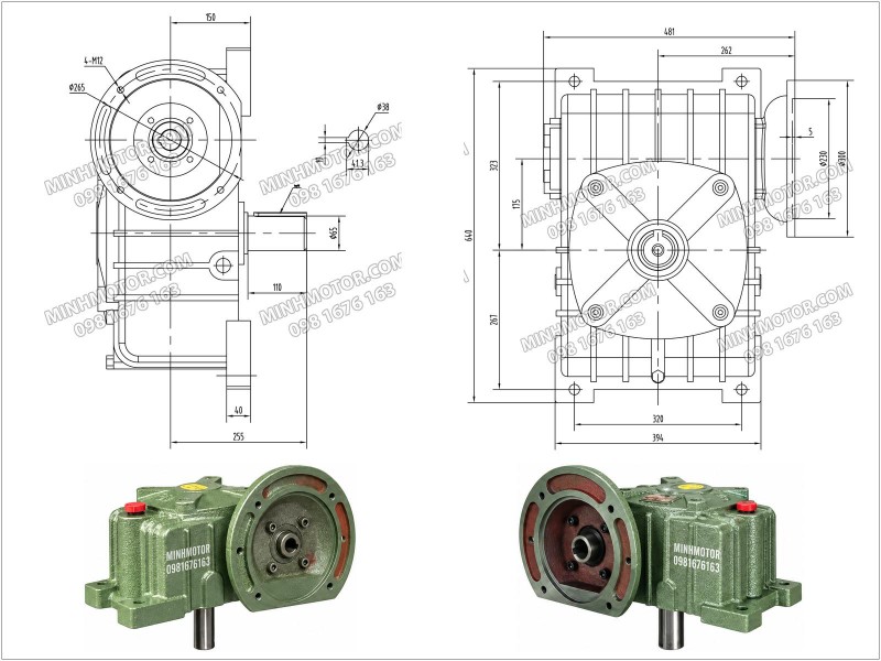 Bản vẽ k&iacute;ch thước hộp giảm tốc WPDX size 175