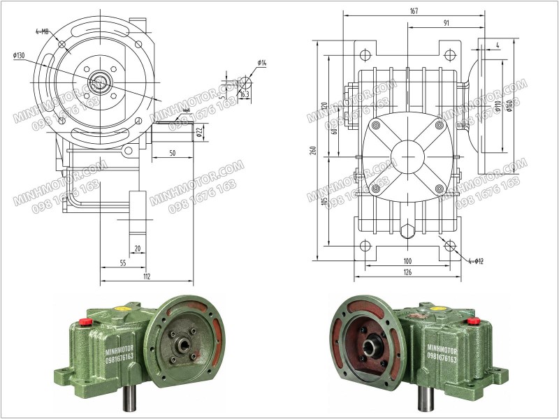 Bản vẽ k&iacute;ch thước hộp giảm tốc WPDX size 60