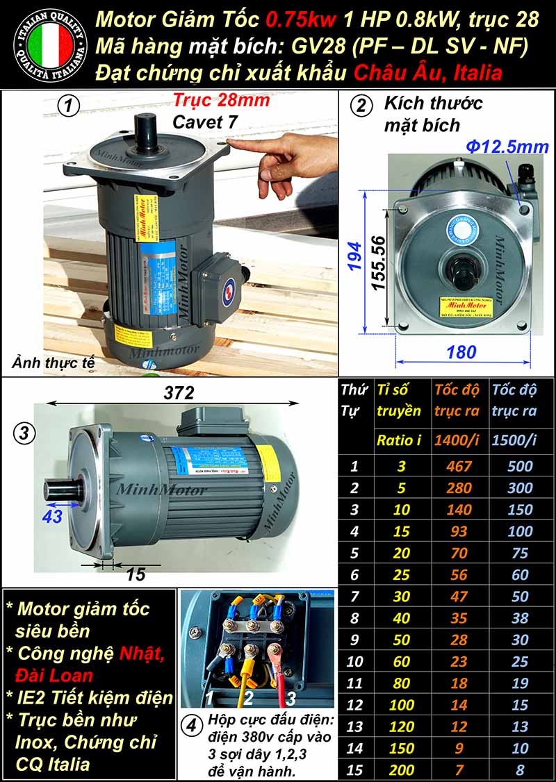 Motor 0.8kw 0.75Kw 1Hp tỉ số truyền 40 mặt b&iacute;ch, trục 28