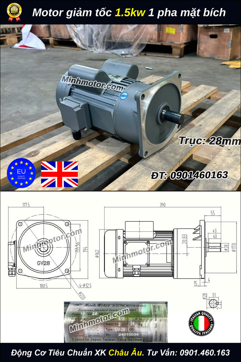 Motor giảm tốc 1 pha 2hp 1.5kw mặt bích trục 28mm