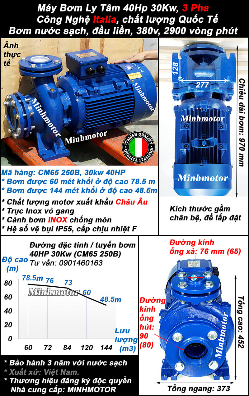 Kích thước lắp đặt của máy bơm nước 3 pha 40hp 30kw 3 Pha Đầu Gang Minhmotor mã CM65 - 250B