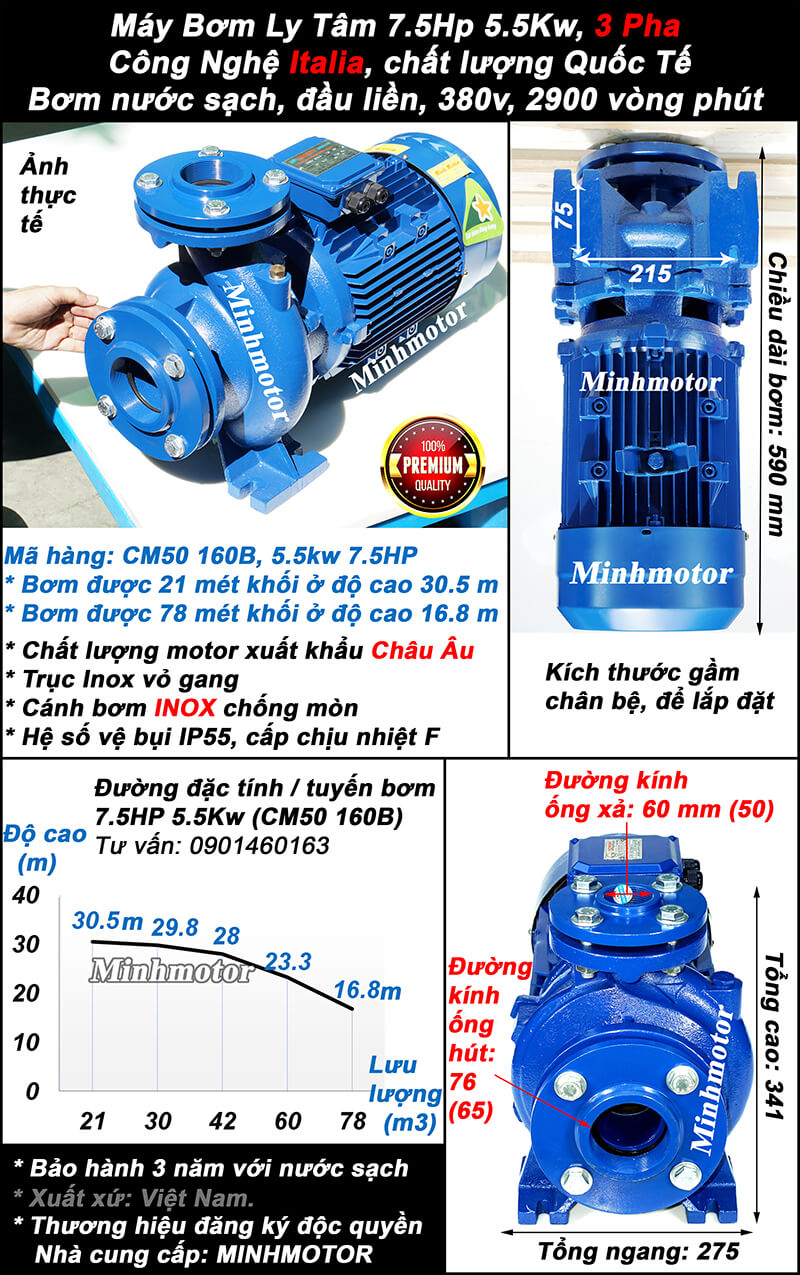 Bơm Nước 5.5Kw 7.5Hp 3 Pha Đầu Gang Minhmotor mã CM50-160B