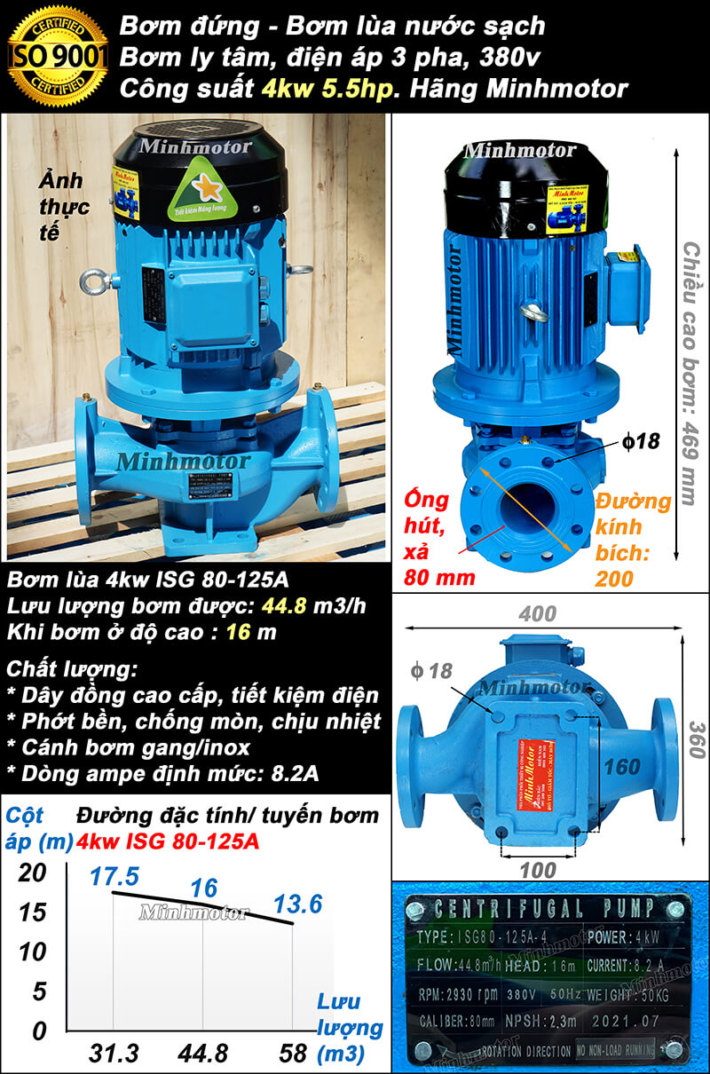 Máy bơm ly tâm trục đứng 4kw 5Hp ống 80
