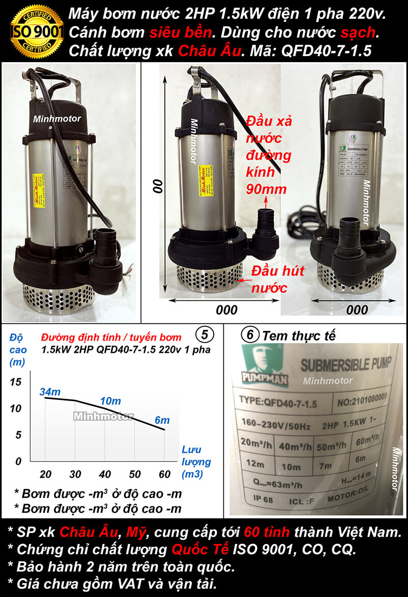 Máy bơm nước 1.5kw 2Hp 1 pha chìm nước sạch nước thải