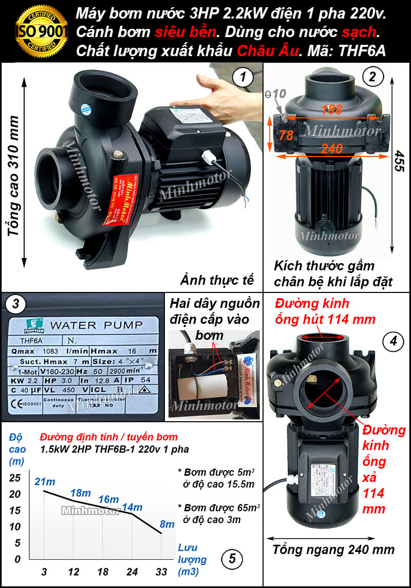 Máy bơm nước 3hp 1 pha 220v điện gia đình, mã THF6A
