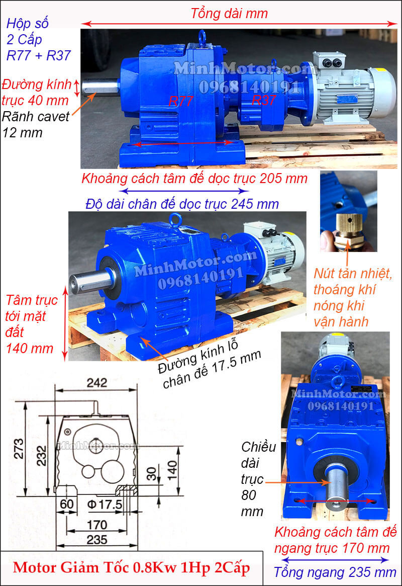 Hộp số giảm tốc 2 cấp 0.8kW 1HP tải nặng R