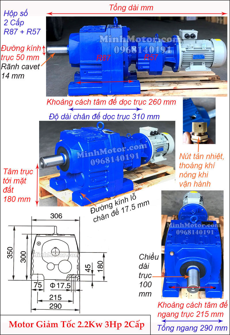 Hộp số giảm tốc 2 cấp 2.2kW 3HP tải nặng R