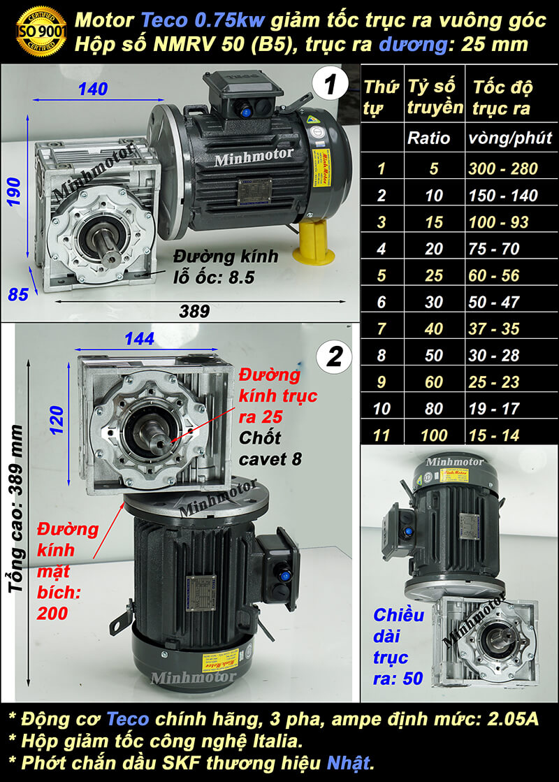 Motor giảm tốc Teco 0.75kw 1hp trục vuông góc trục dương