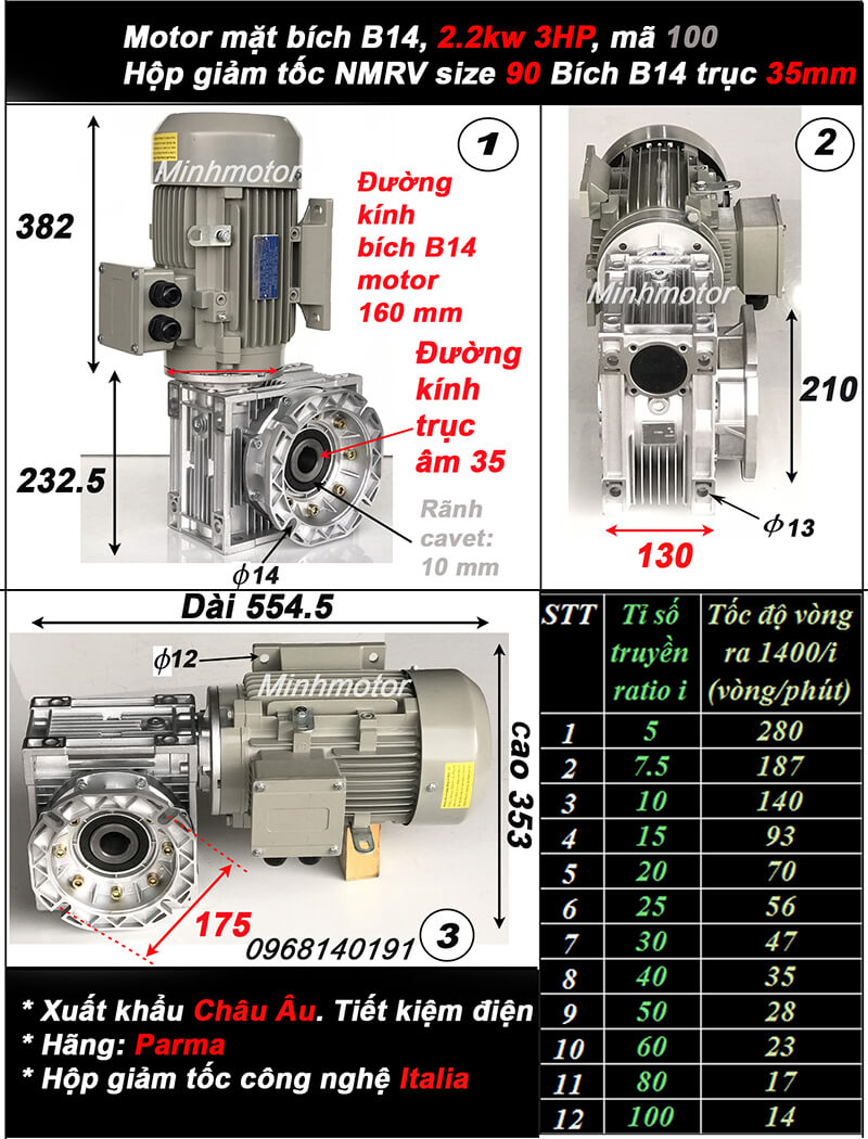 Động cơ B14 3hp 2.2kw giảm tốc NMRV90 trục âm